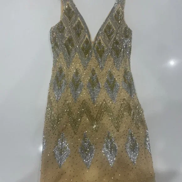 Basix Ii Dresses | Basix Ii Gold Jeweled And Beaded All Silk Custom Gown Never Worn, No Tags Size 2 | Color: Gold | Size: 2 | Carolearmstrong's Closet